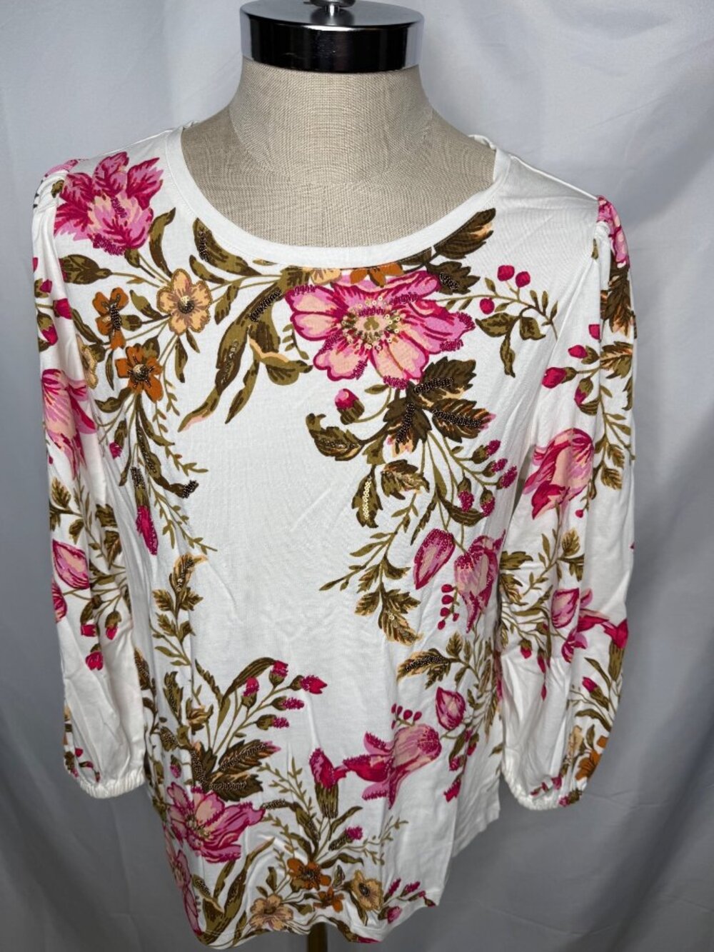 New Soft Surroundings Womens XL Shirt Floral Print Long Sleeve Top Beaded Sequin